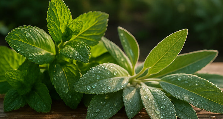 Nahaufnahme von frischen Minze- und Salbeiblättern mit Wassertropfen auf ihnen, die auf einer hölzernen Oberfläche liegen, wobei das Grün im Hintergrund verschwimmt.