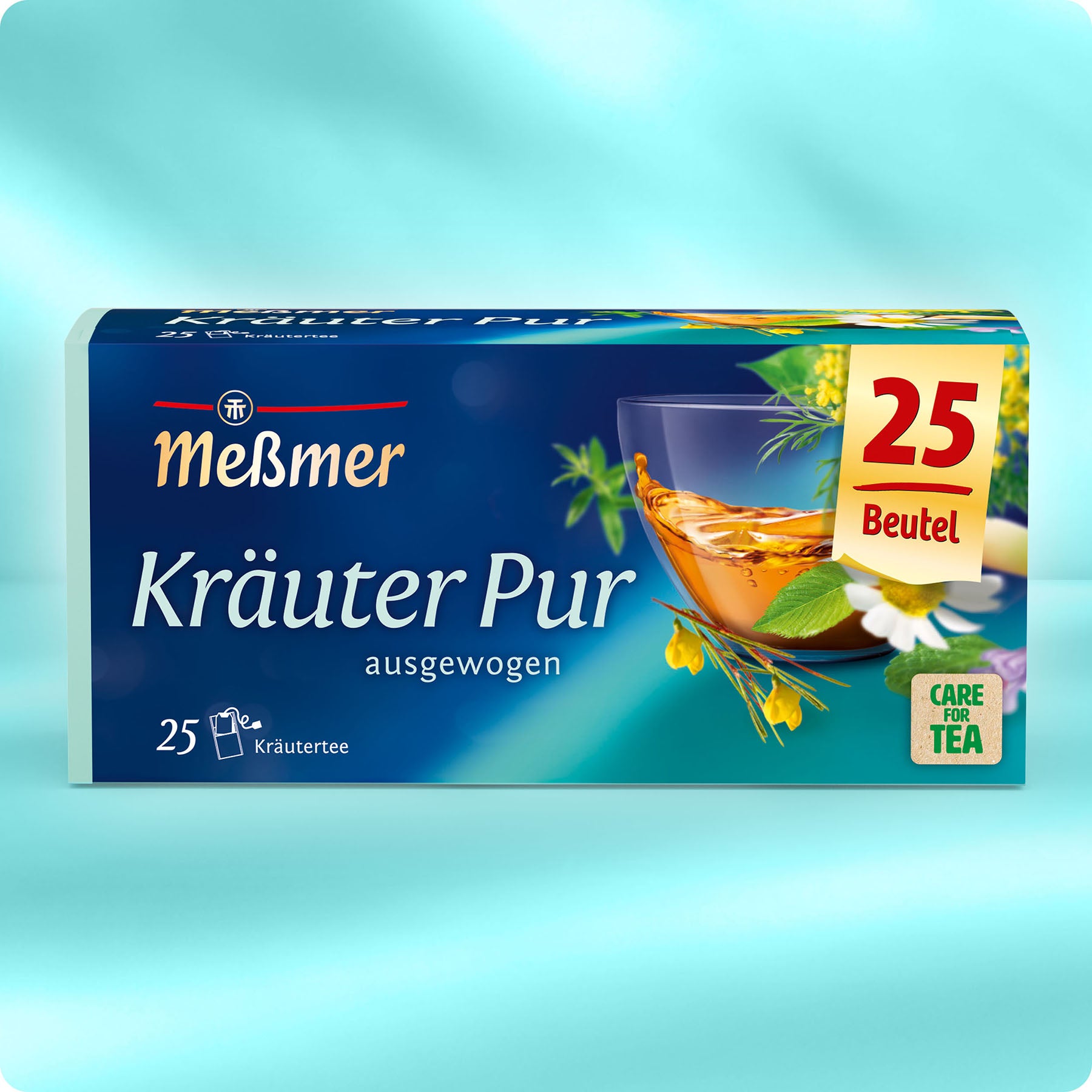 Meßmer Kräuter pur Tee-Packung mit 25 Beuteln, ausgewogener Kräutertee mit natürlichen Kräutern und wohltuendem Geschmack in blauer Verpackung.