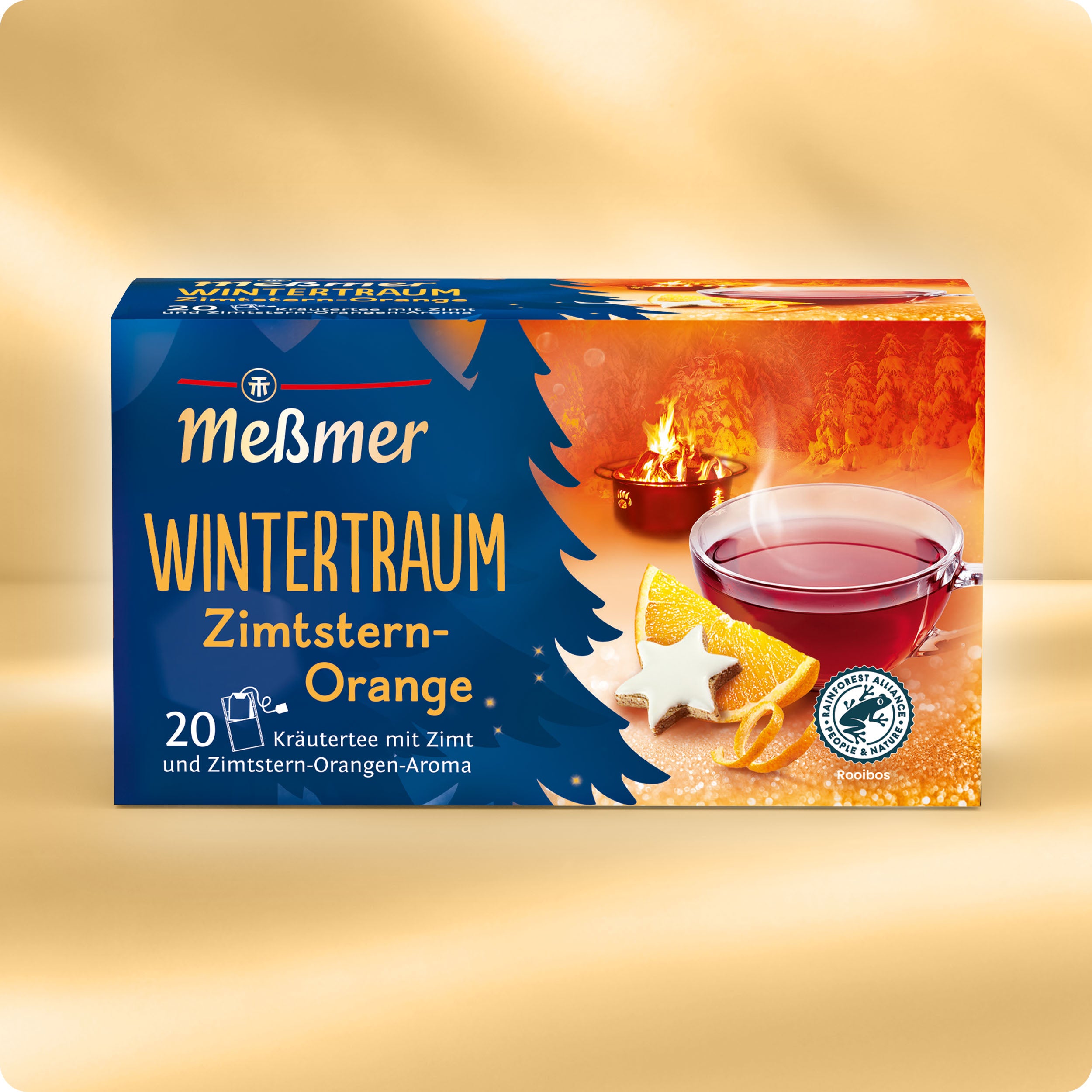 Dose Meßmer DE Wintertraum Kräutertee mit 20 Beuteln, die eine Teetasse, Zimtstangen, eine Orangenscheibe, einen sternförmigen Keks und ein Feuer auf einem goldenen Hintergrund zeigt.