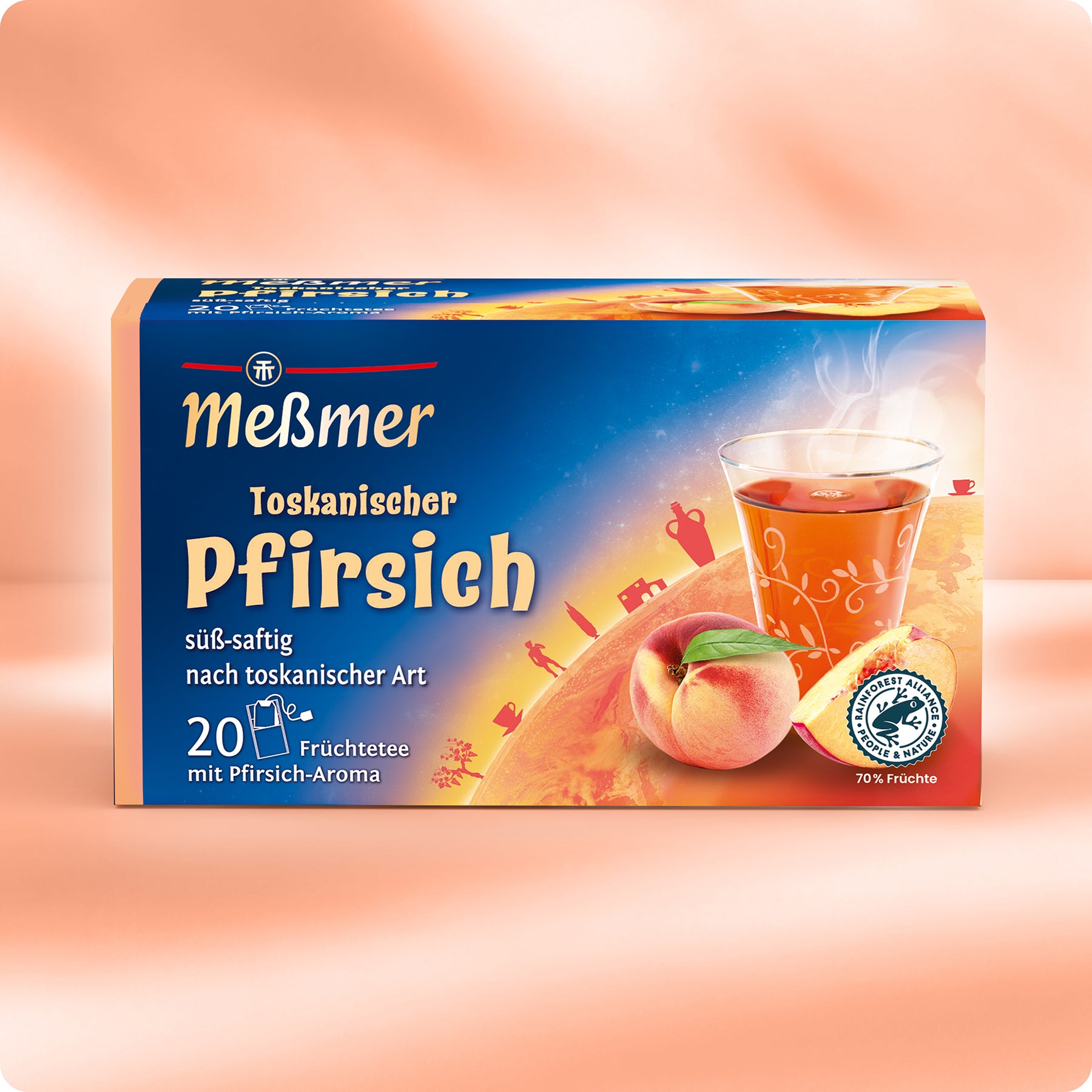 Eine Schachtel Meßmer DE Toskanischer Pfirsich zeigt ein Glas Tee, einen reifen Pfirsich und eine toskanische Szene. Das Etikett hebt 20 Teebeutel hervor und liefert einen süßen, saftigen Geschmack, der von der sonnenbeschienenen Toskana inspiriert ist.