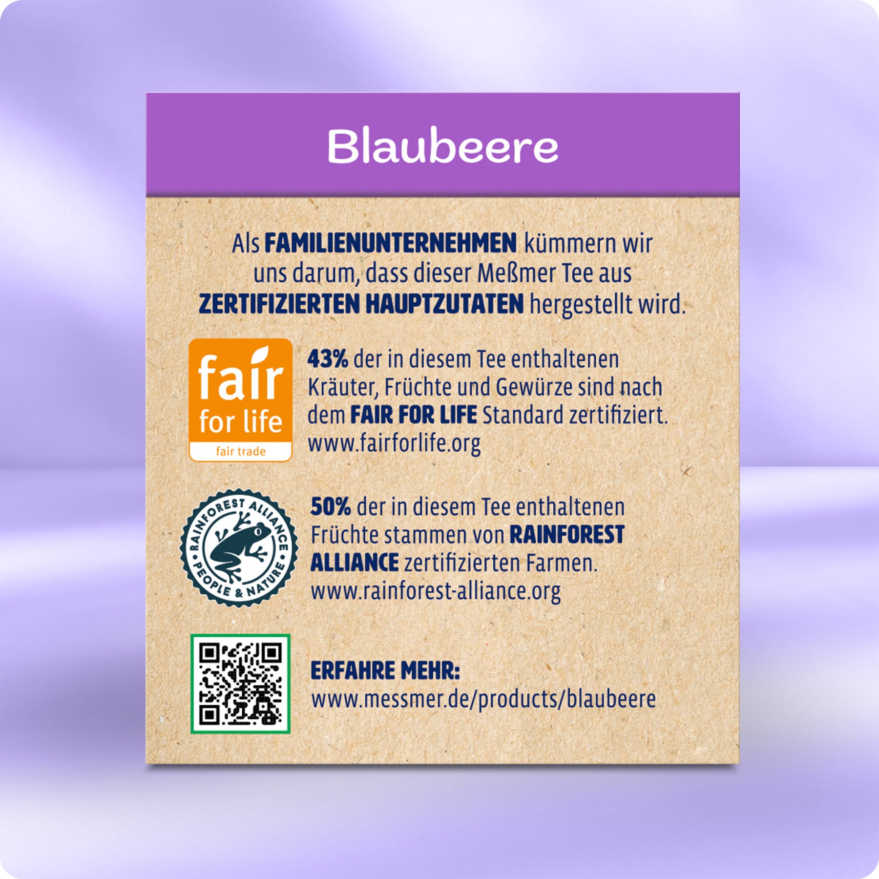 Nahaufnahme der Verpackungsrückseite von Blaubeere mit Informationen zu Fair Trade und Rainforest Alliance Zertifizierungen für die enthaltenen Zutaten.