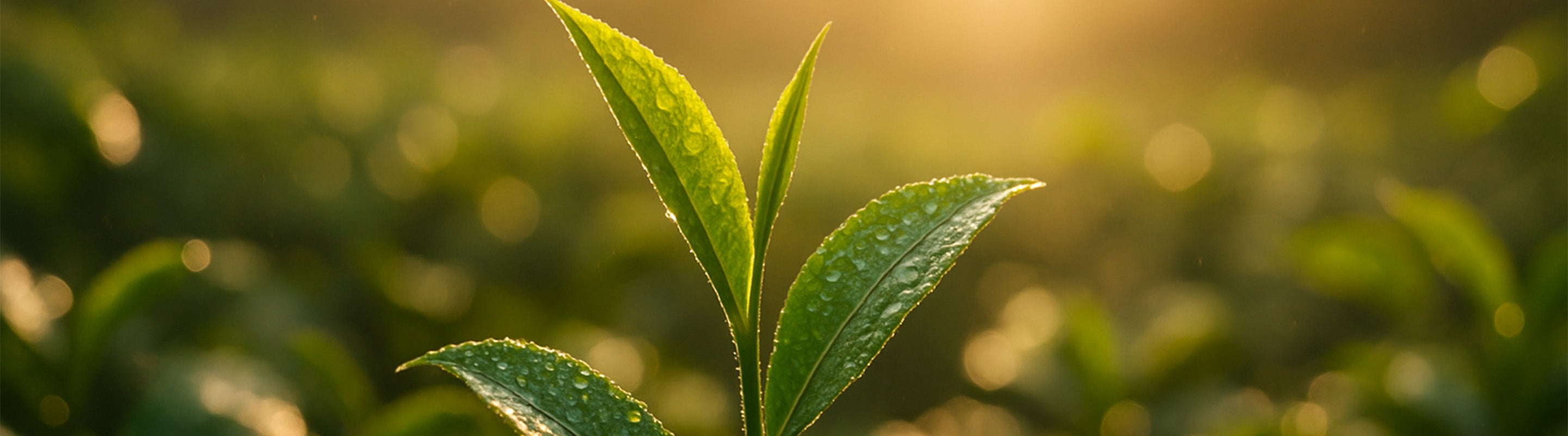 Nahaufnahme eines grünen Pflanzensprösslings mit Tautropfen auf den Blättern vor einem unscharfen Feld und leuchtendem Sonnenlicht im Hintergrund.