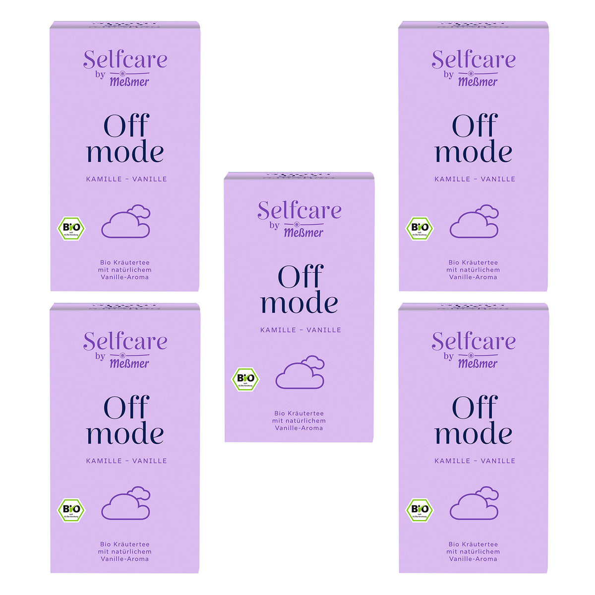 Bio Off mode Packungen mit Bio-Siegel, Kamille und Vanille, aromatischer Kräutertee in lila Verpackung, natürliche Inhaltsstoffe für entspannende Teemomente.