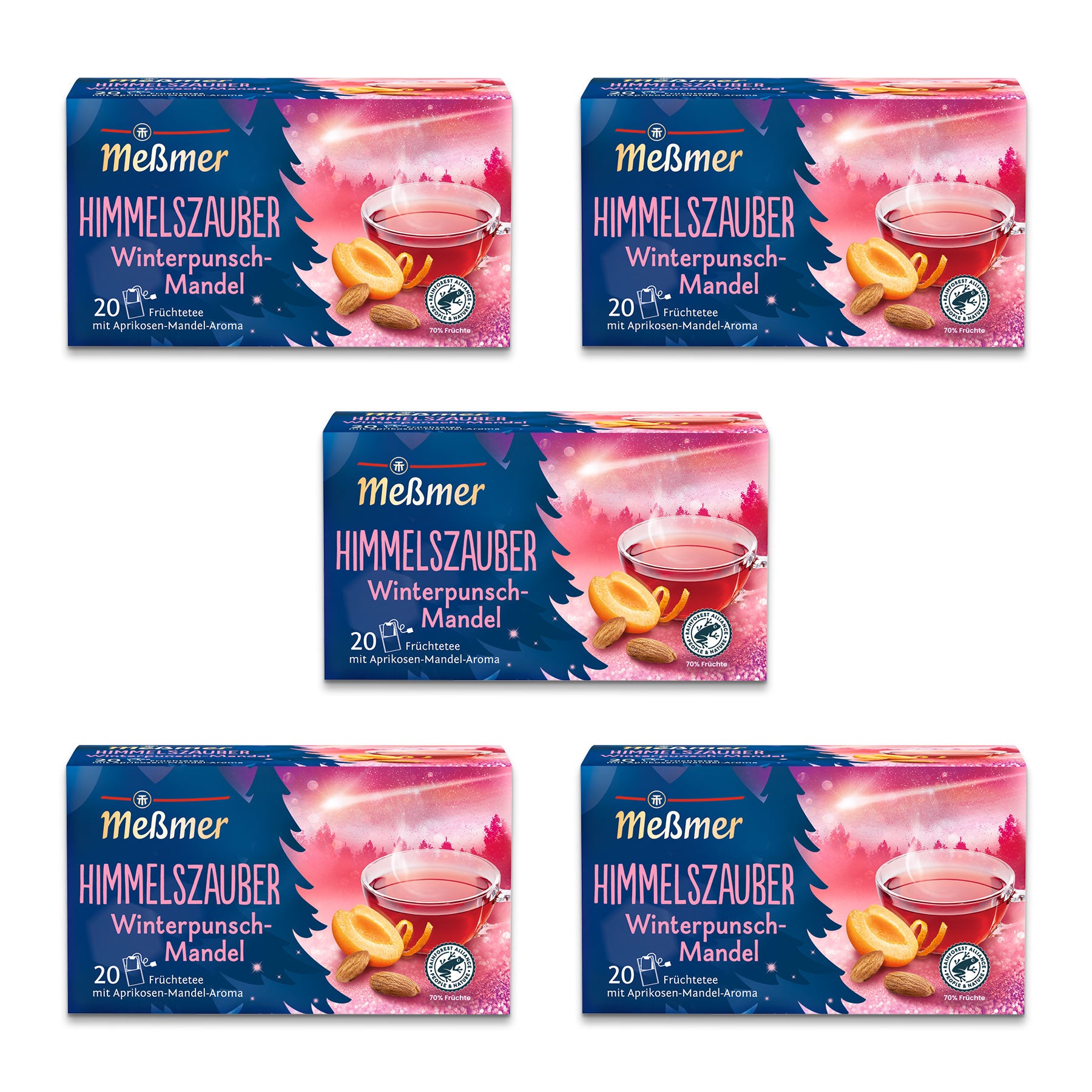 Fünf Schachteln Meßmer Himmelszauber Winterpunsch-Mandel Tee sind in einem Raster angeordnet. Jede Schachtel zeigt ein festliches Design mit einer roten Teetasse, Keksen, Mandeln und einem verschneiten Winterhintergrund.