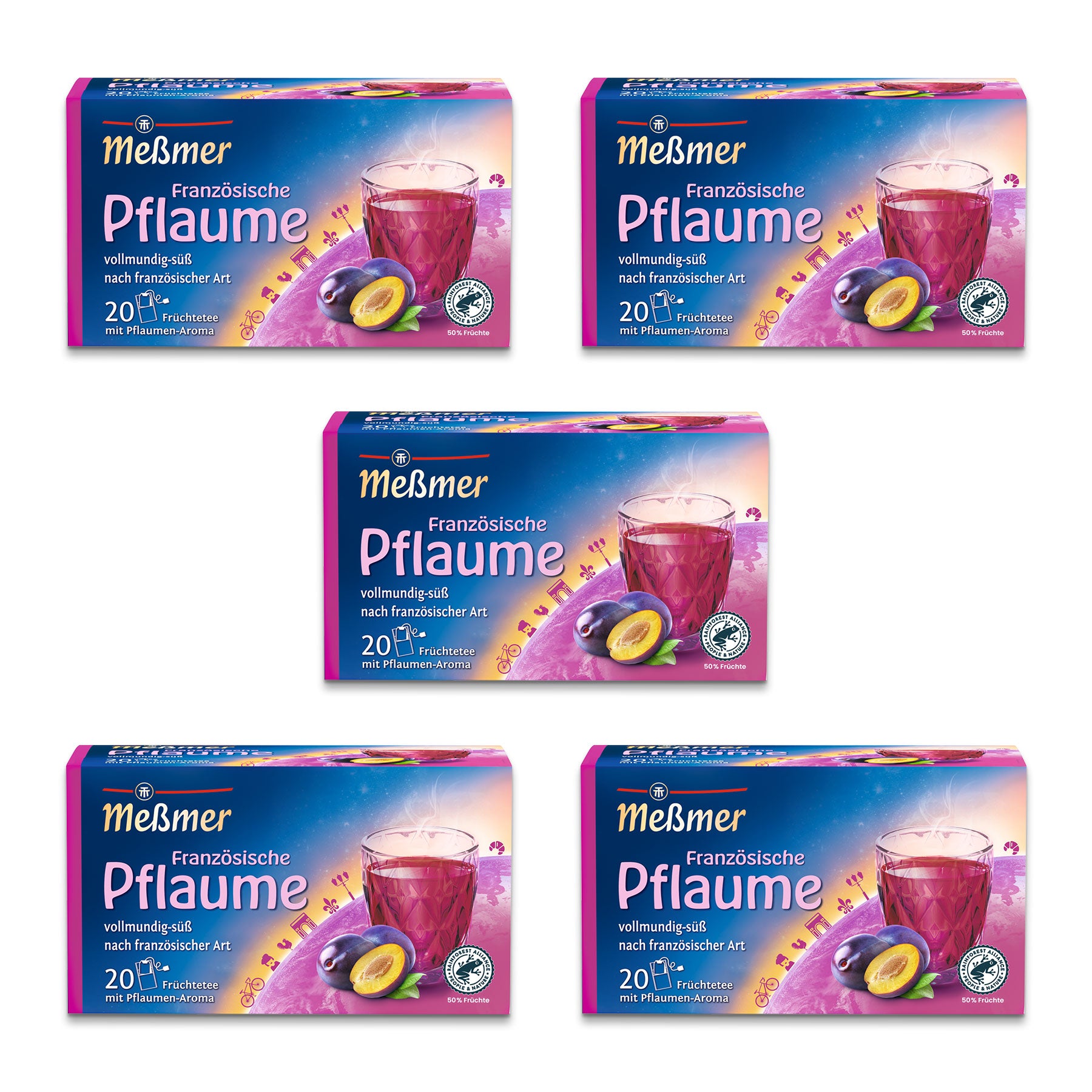 Fünf Schachteln Meßmer Französische Pflaume Tee sind auf einem weißen Hintergrund angeordnet. Auf jeder Schachtel sind ein Glas Tee, Pflaumen und violette Farbtöne abgebildet und ein deutscher Text, der das Produkt beschreibt.