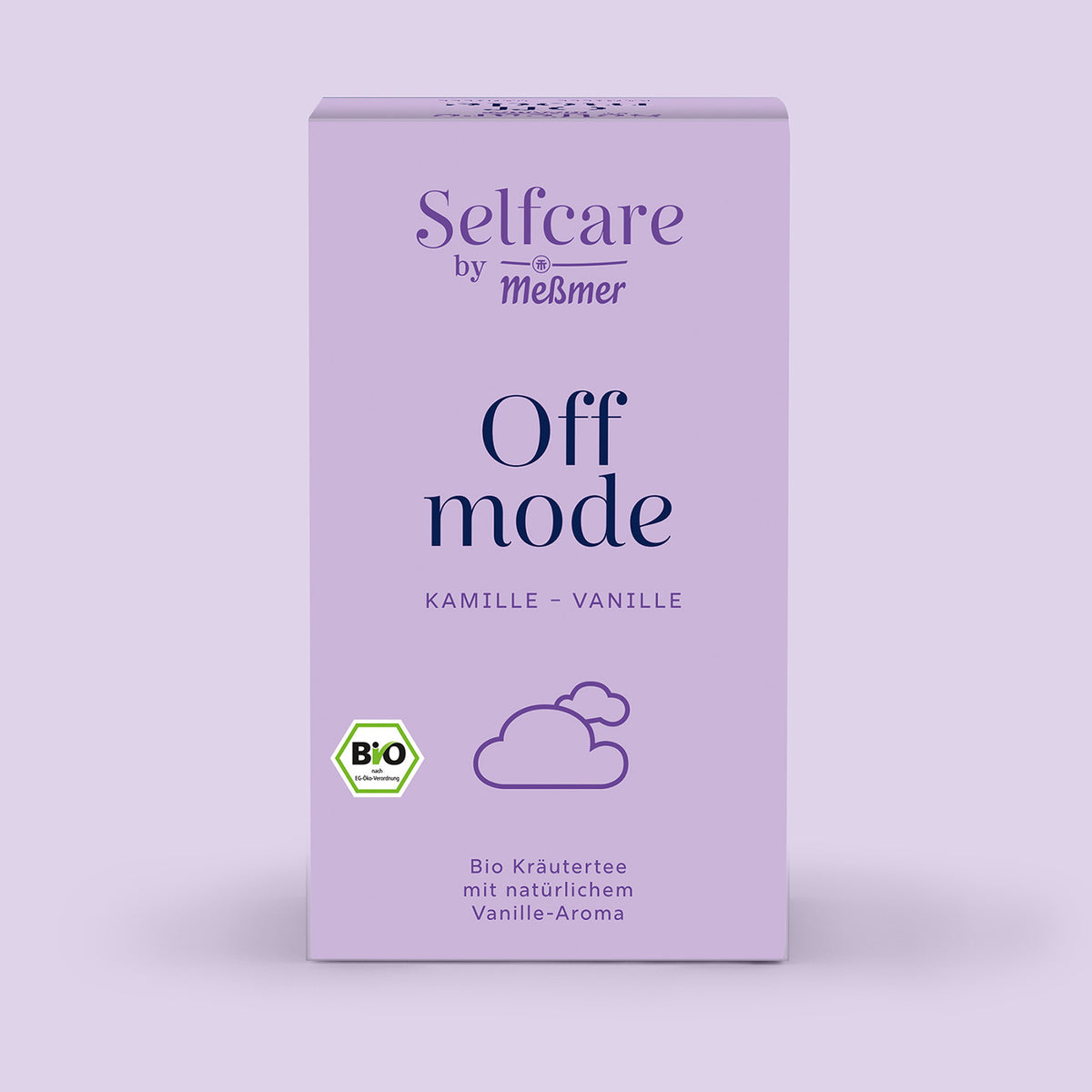 Verpackung von Bio Off Mode Kräutertee mit Kamille und Vanille-Aroma in zart-lila Design, Bio-Siegel und Wolkenmotiv für entspannende Selfcare-Momente.