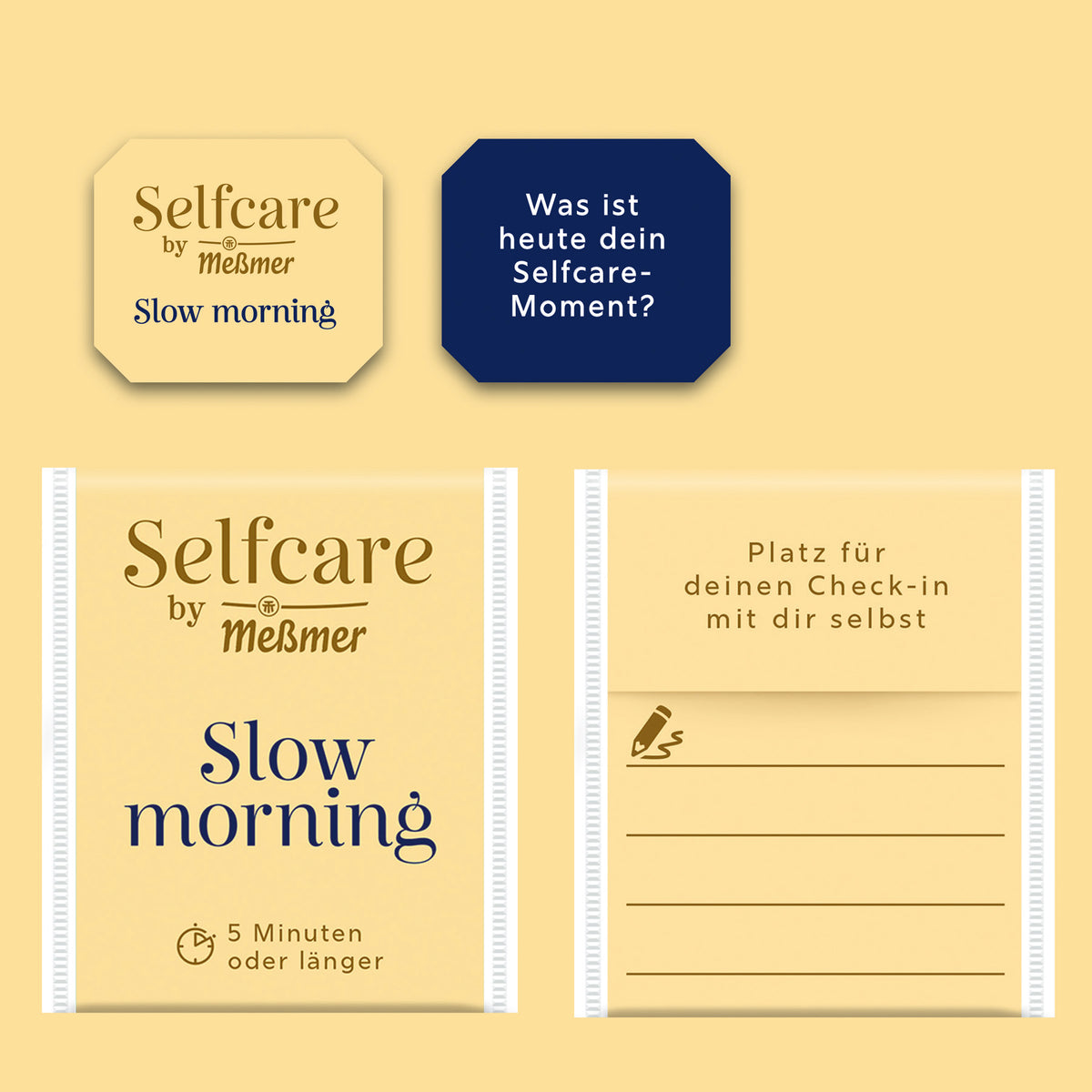 Verpackung von Bio Slow Morning mit zartgelbem Design, Hinweis auf Entspannung und 5-minütige Ziehzeit, sowie Platz für persönlichen Selfcare-Check-in auf ruhigem Hintergrund.