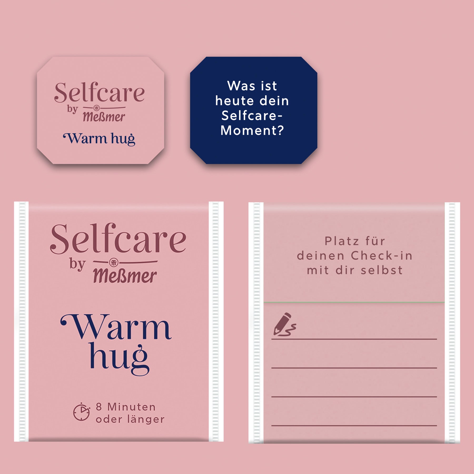 Verpackung von Bio Warm Hug mit Selfcare-Moment Hinweis, Platz für persönlichen Check-in und Ziehzeitangabe von 8 Minuten, präsentiert auf sanft rosa Hintergrund für entspannte Augenblicke.