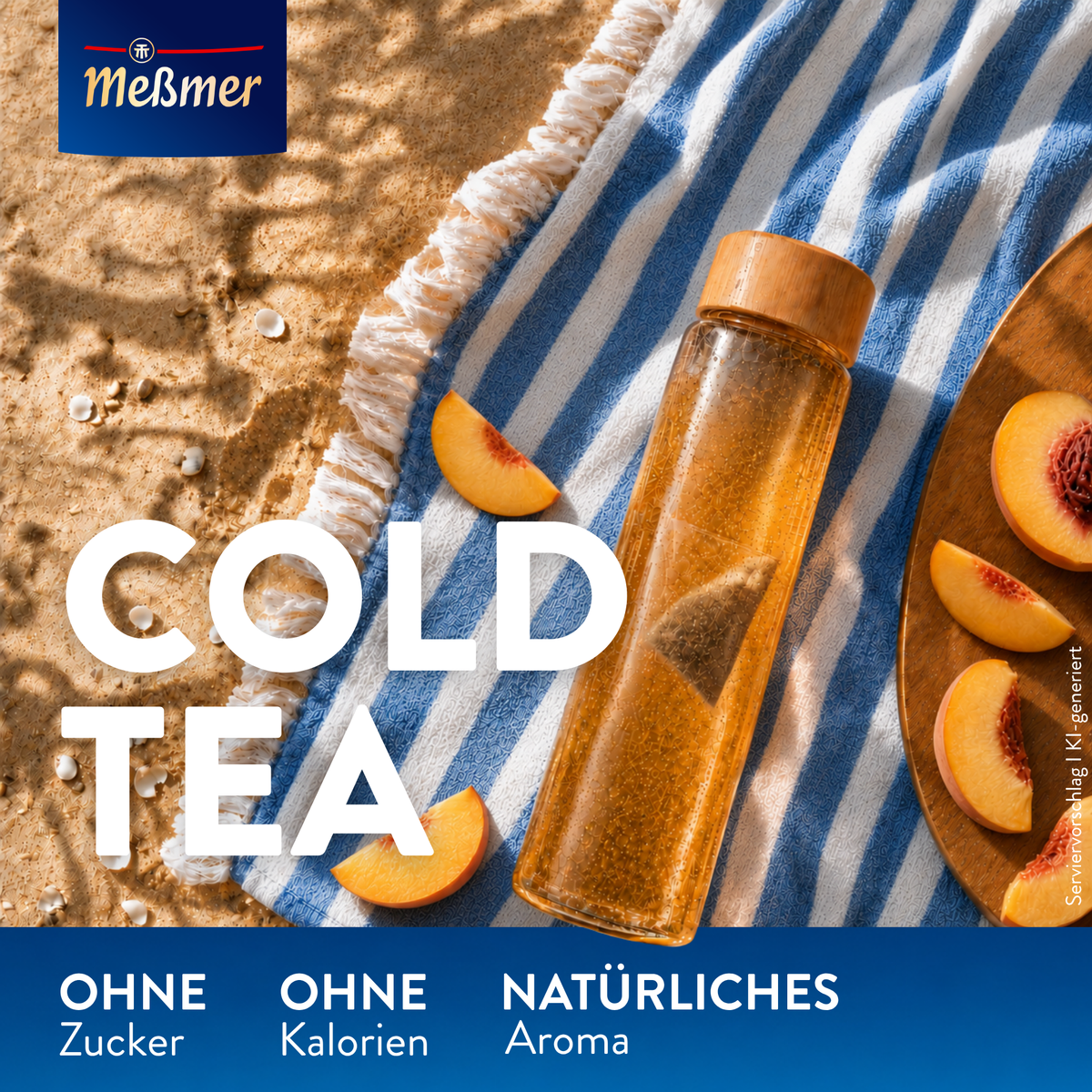 Cold Tea Eistee Pfirsich in einer Glasflasche auf einem blau gestreiften Strandtuch mit Pfirsichspalten, ohne Zucker und ohne Kalorien, mit natürlichem Aroma