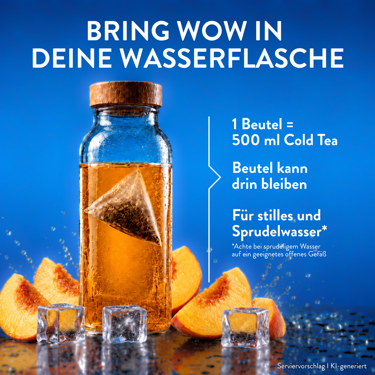 Cold Tea Eistee Pfirsich in einer Wasserflasche mit Teebeutel Pfirsichspalten und Eiswürfeln. Ein Beutel ergibt 500 ml kalten Tee für stilles oder sprudelndes Wasser.