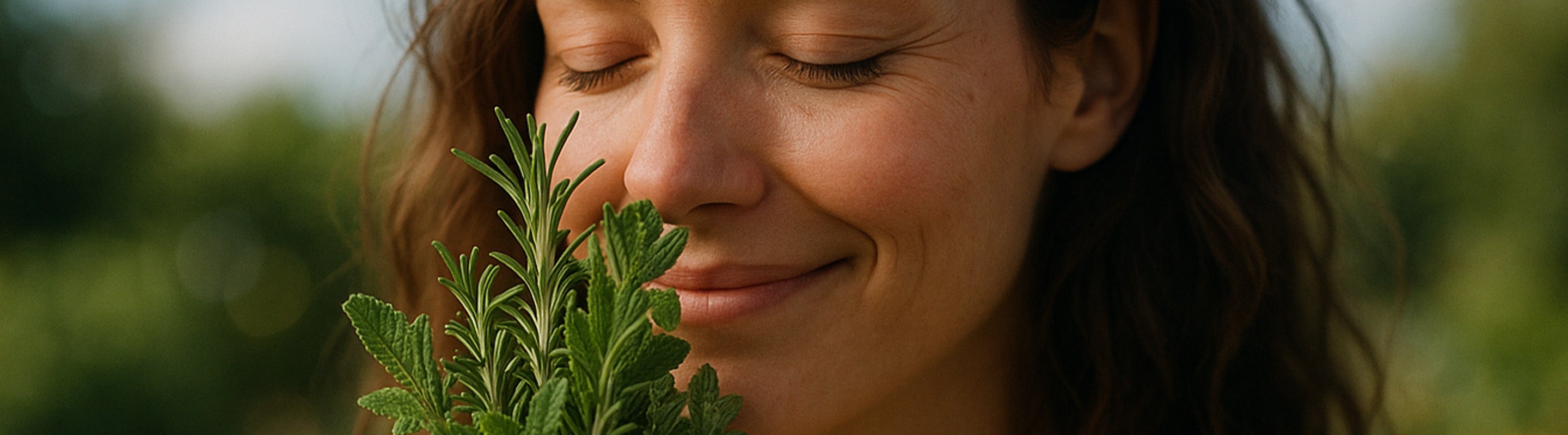 Eine Frau mit geschlossenen Augen lächelt sanft, während sie im Freien an einem Strauß frischer grüner Kräuter riecht und das Sonnenlicht ihr Gesicht sanft beleuchtet.