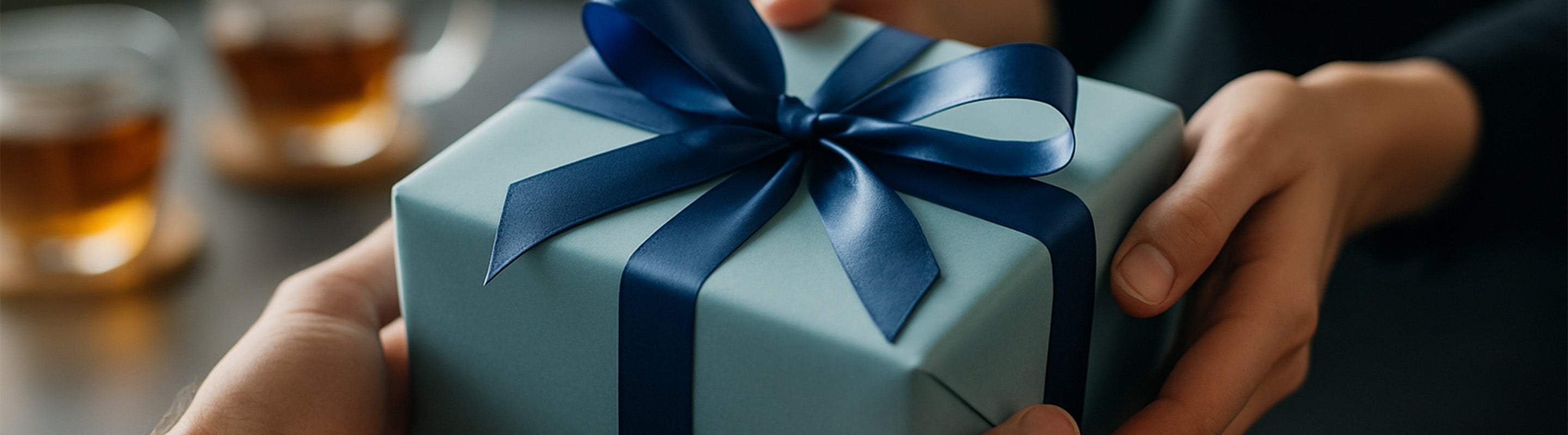 Eine Person überreicht einer anderen Person eine ordentlich verpackte Geschenkschachtel mit einem dunkelblauen Band, während im Hintergrund zwei Tassen Tee verschwimmen.
