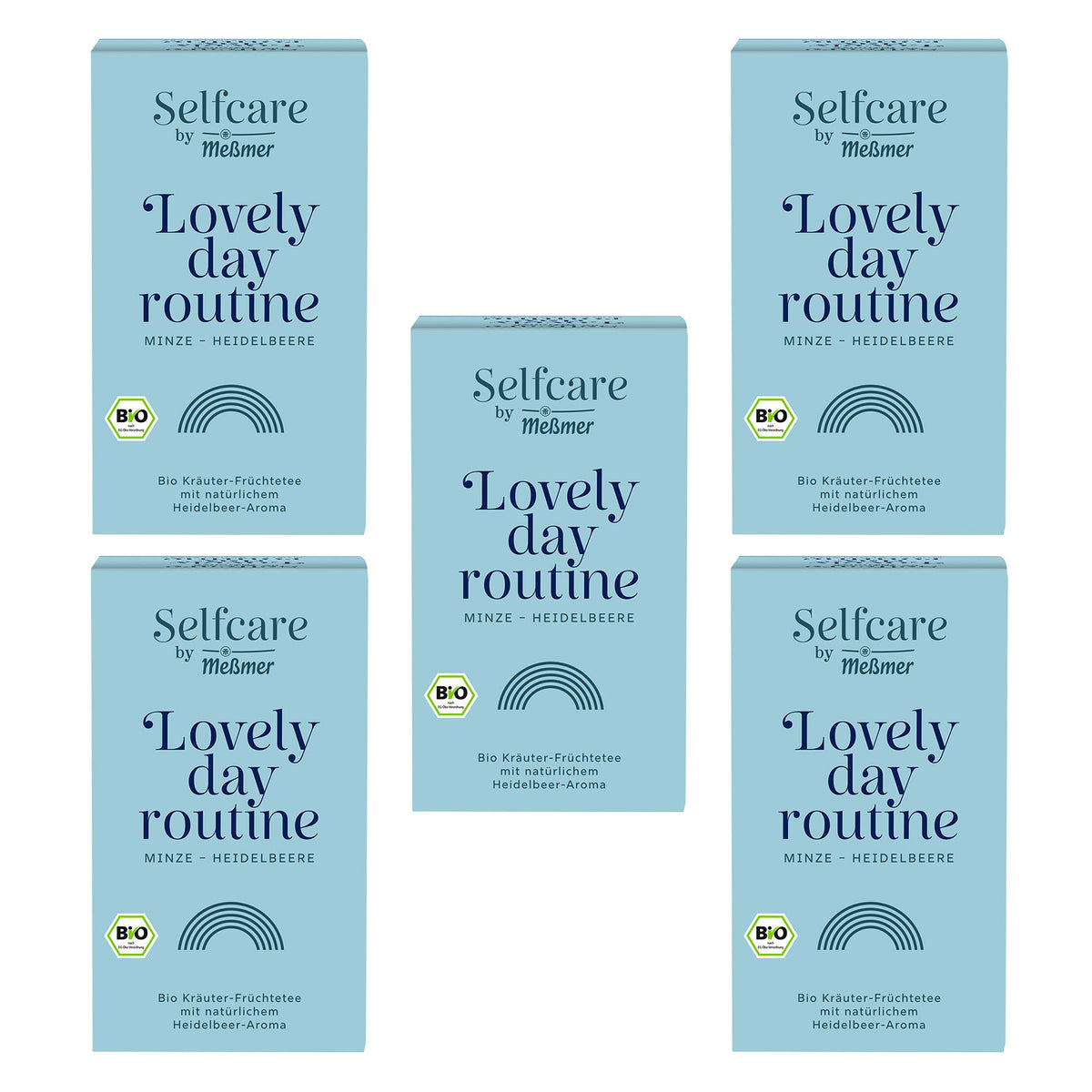 Mehrere Packungen Bio Lovely day routine mit Minze und Heidelbeer-Aroma, hellblaue Verpackungen mit Bio-Siegel, Kräuter- und Früchtetee für einen erfrischenden Tagesstart.