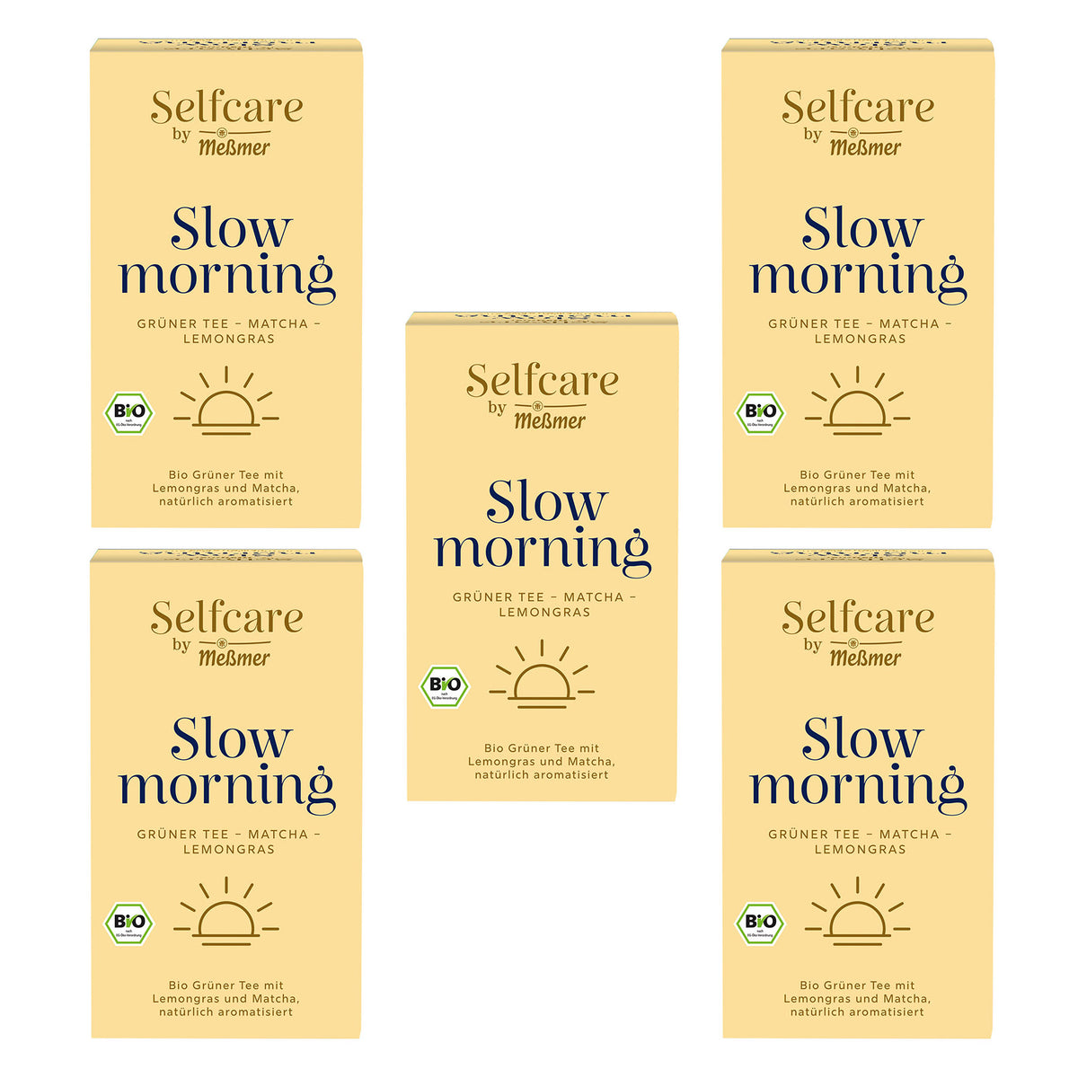 Verpackungen von Bio Slow morning mit Bio-Siegel, Sonnenmotiv und Hinweis auf grünen Tee mit Matcha und Lemongras in natürlicher Aromatisierung.