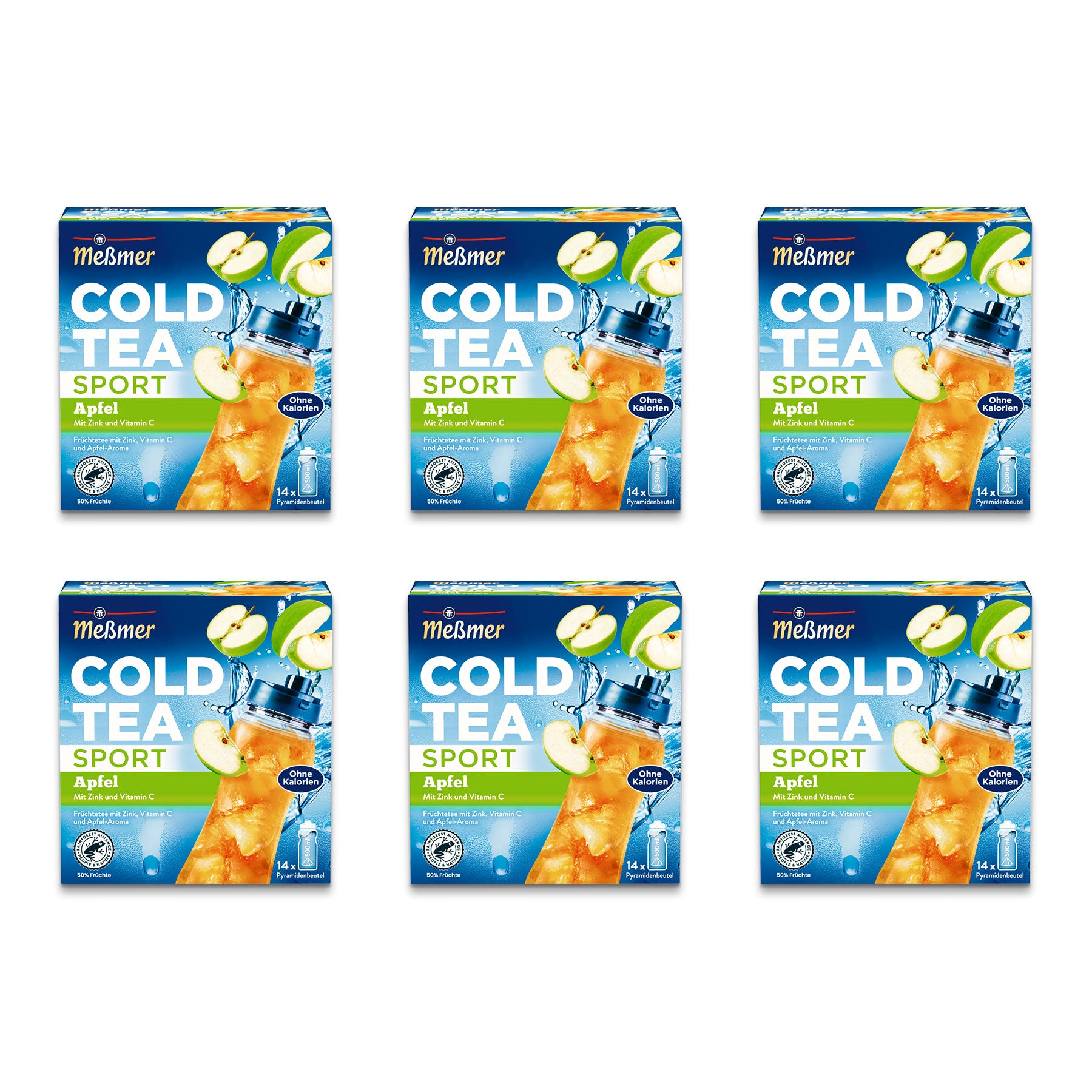 Sechs Schachteln Meßmer Cold Tea Sport Apfelgeschmack sind in zwei Reihen auf weißem Hintergrund angeordnet. Auf der Verpackung sind Apfelscheiben und ein Glas Eistee mit Eiswürfeln und einem blauen Spritzer abgebildet.