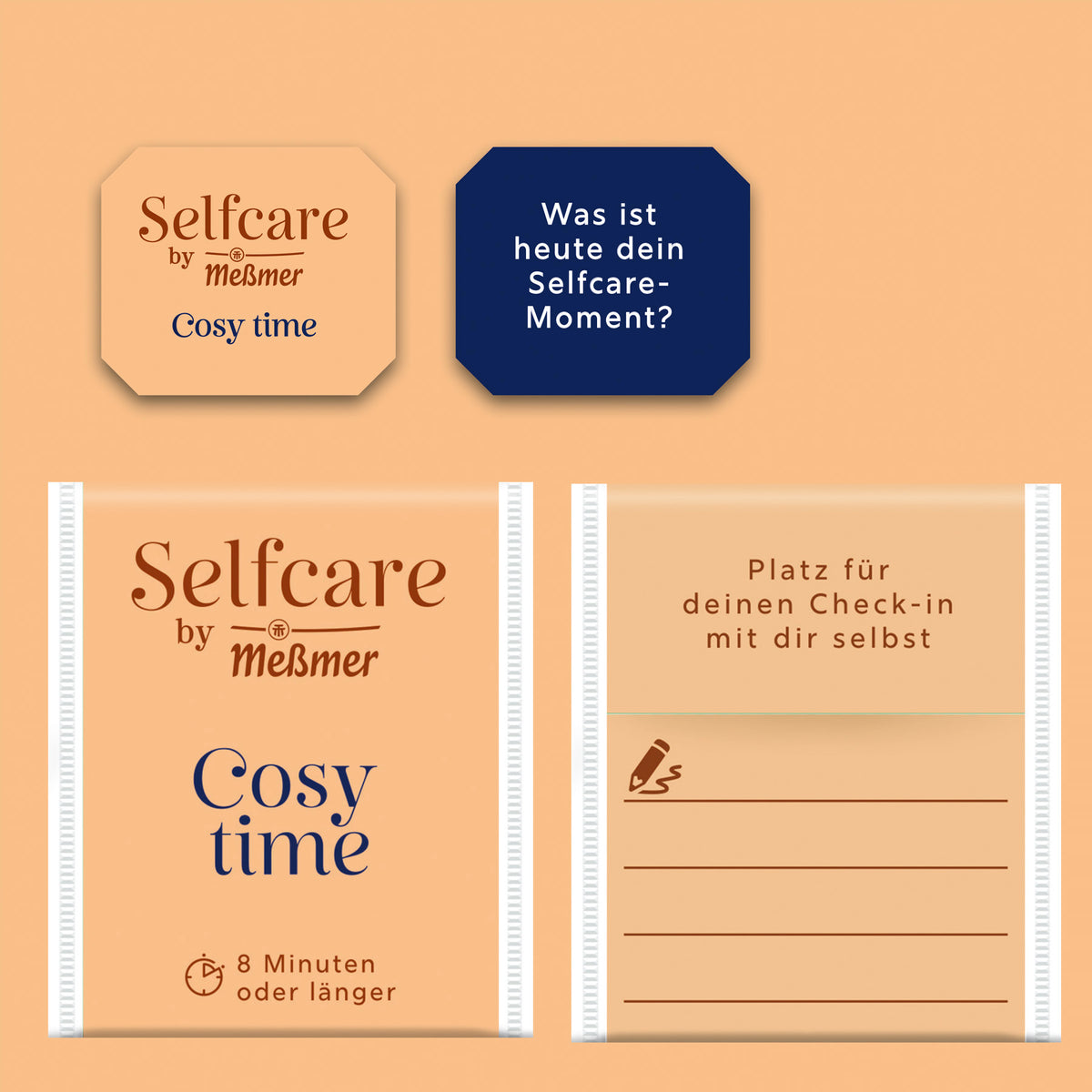 Verpackung von Bio Cosy Time mit Platz für persönlichen Selfcare-Check-in, 8 Minuten Ziehzeit, dezentes warmes Orange und stilvollem Design für entspannte Wohlfühlmomente.