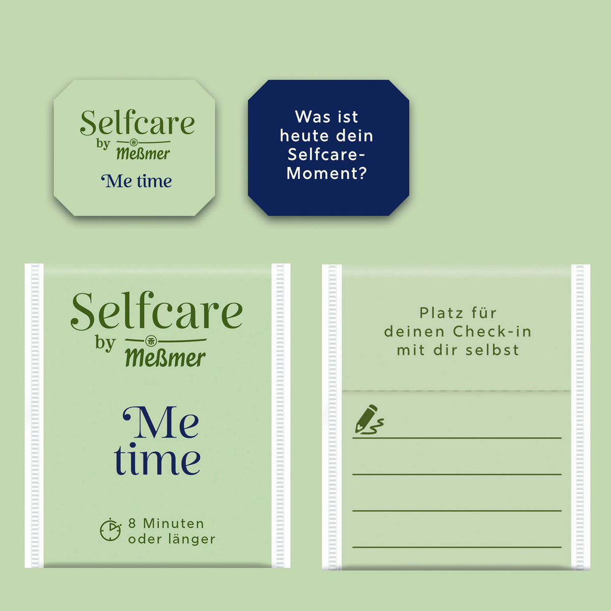 Verpackung von Bio Me Time Kräutertee mit Selfcare-Check-in, Ziehzeit von 8 Minuten, grüner Hintergrund und dezentes Design für entspannte Momente allein.