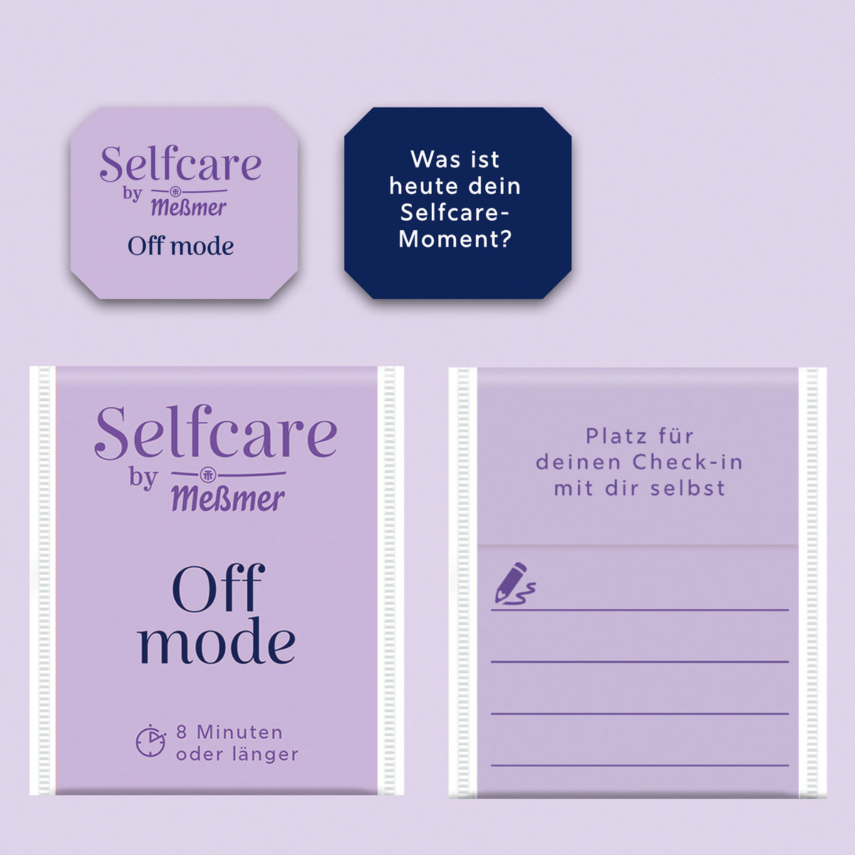 Verpackung von Bio Off Mode mit Selfcare-Hinweis, Ziehzeit von 8 Minuten und Platz für persönlichen Check-in, präsentiert in zart-lila Design für entspannte Teemomente.